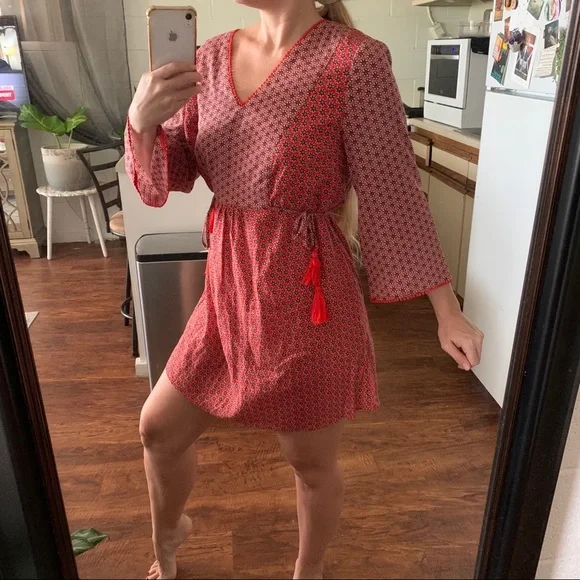 Boden Red Floral Print Tunic Dress Tassel Pom Pom - Picture 5 of 13